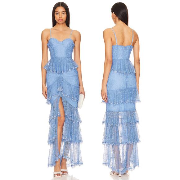 MAJORELLE Zelda Fitz Lace Gown Tiered Ruffle Formal Wedding Evening Sz XS